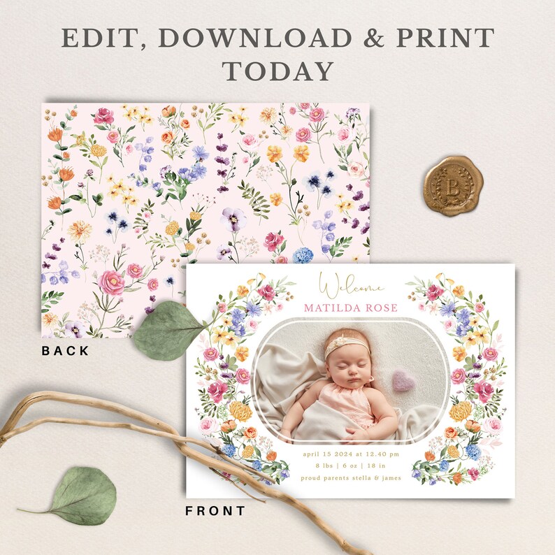 Colorful Wildflower Birth Announcement Spring Floral Garden Photo Card EDITABLE TEMPLATE Newborn Baby Girl Instant Download FLO2 image 2