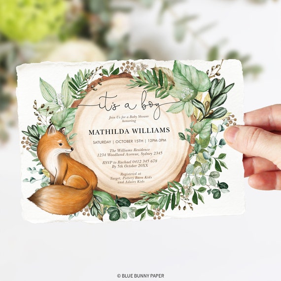 Rustic Fox Greenery Baby Shower Invitation Template EDITABLE Woodland Forest Fox Printable ...