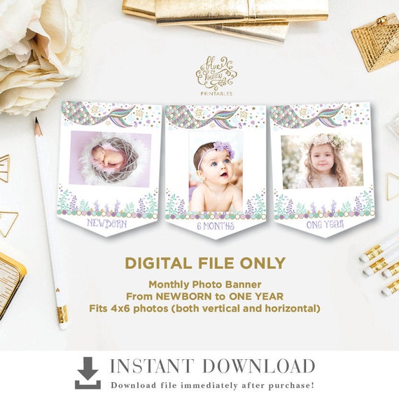 Mermaid Monthly Photo Banner. Under the Sea Birthday Party Decor. Beach Baby Girl Decorations. Printable INSTANT DOWNLOAD. MER7 Il_570xn