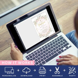 May include: A laptop screen displaying a printable baptism invitation with a floral design and the text "Baptism Freya Luna". The image shows a step-by-step guide on how to personalize, download, print, assemble, and party.