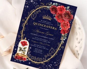 May include: A blue and gold Quinceañera invitation with a red rose and a glass dome with a rose inside. The text reads "Mr. & Mrs. Alvarez invite you to celebrate the Quinceañera of our daughter Aurora Grace. Saturday 15 November | 12:00PM. St Peter Julian Church 1234 George Street, Sydney 2000. Reception to Follow at 2:00 pm. The Hyde Park Hotel 1234 Miller St, Sydney NSW 2345. RSVP Angela 0412 345 678 by 10th October."