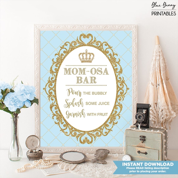 Printable Momosa Bar Baby Blue Gold Baby Shower Mimosa Bar Sign
