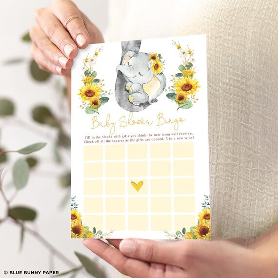 Bingo Baby Shower, Sunflower Elephant Baby Shower Printable, Summer Yellow Flowers Gender Neutral, Little Peanut Instant Download, EL12 Il_570xn
