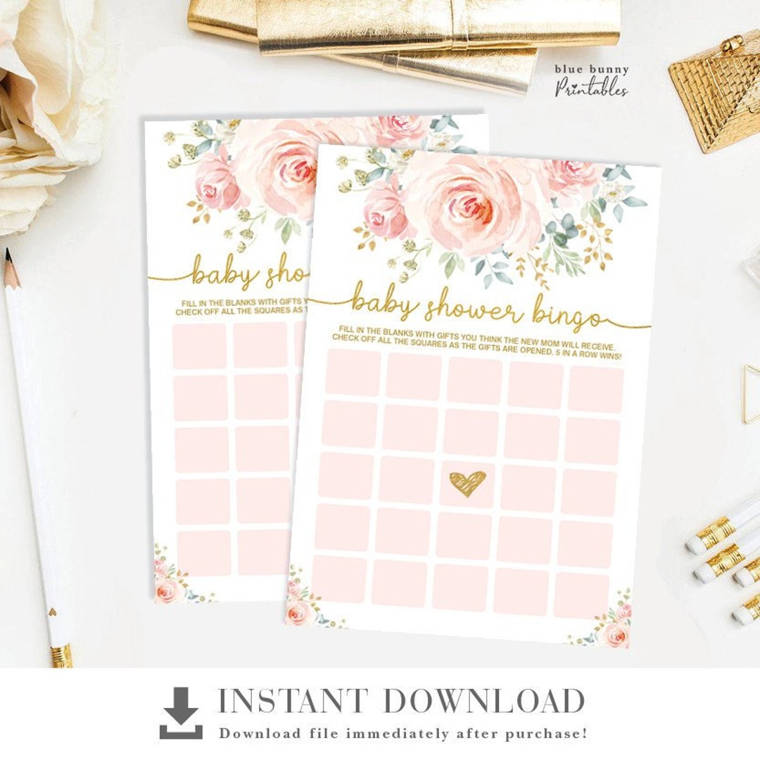 Bingo Baby Shower Game. Blush Pink Gold Floral Printable Baby Game ...