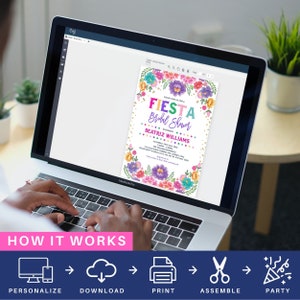 May include: A laptop screen displaying a colorful printable bridal shower invitation with the text "FIESTA Bridal Shower honoring BEATRIZ WILLIAMS". The image shows a step-by-step guide on how to personalize, download, print, assemble, and party.