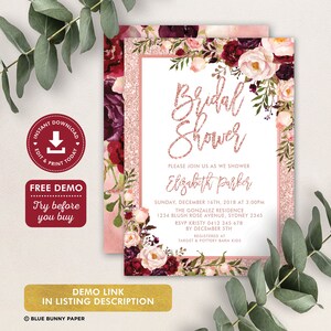 May include: A blush pink and gold glitter bridal shower invitation with a floral border. The invitation features the text "Bridal Shower" in rose gold glitter and the name "Elizabeth Parker". The invitation also includes the date, time, and location of the shower.