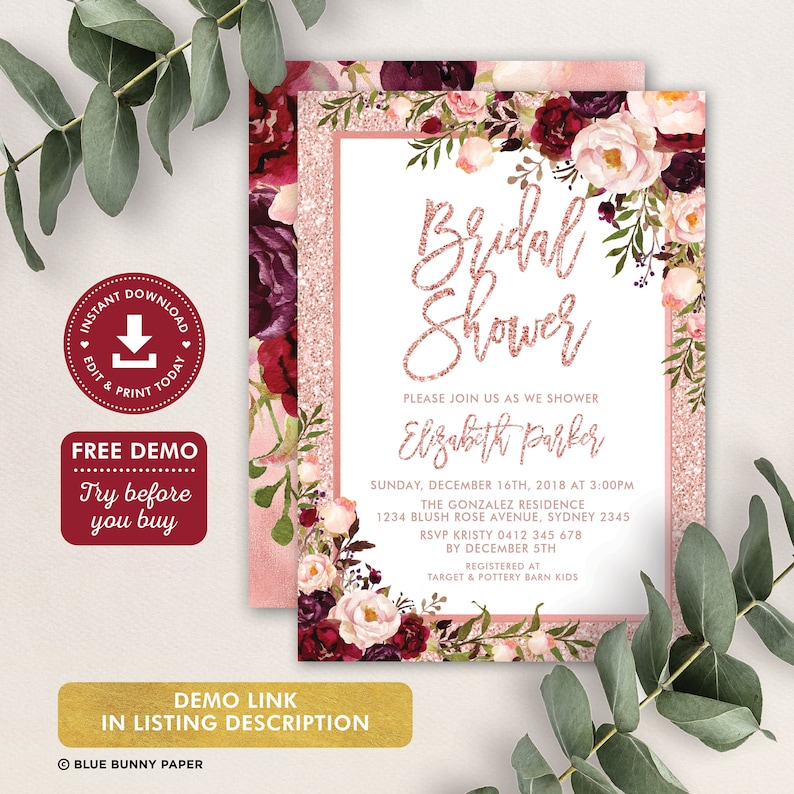 May include: A blush pink and gold glitter bridal shower invitation with a floral border. The invitation features the text "Bridal Shower" in rose gold glitter and the name "Elizabeth Parker". The invitation also includes the date, time, and location of the shower.