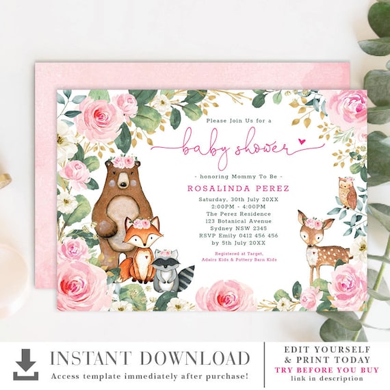 hot pink floral woodland baby shower invitation template forest animal printables