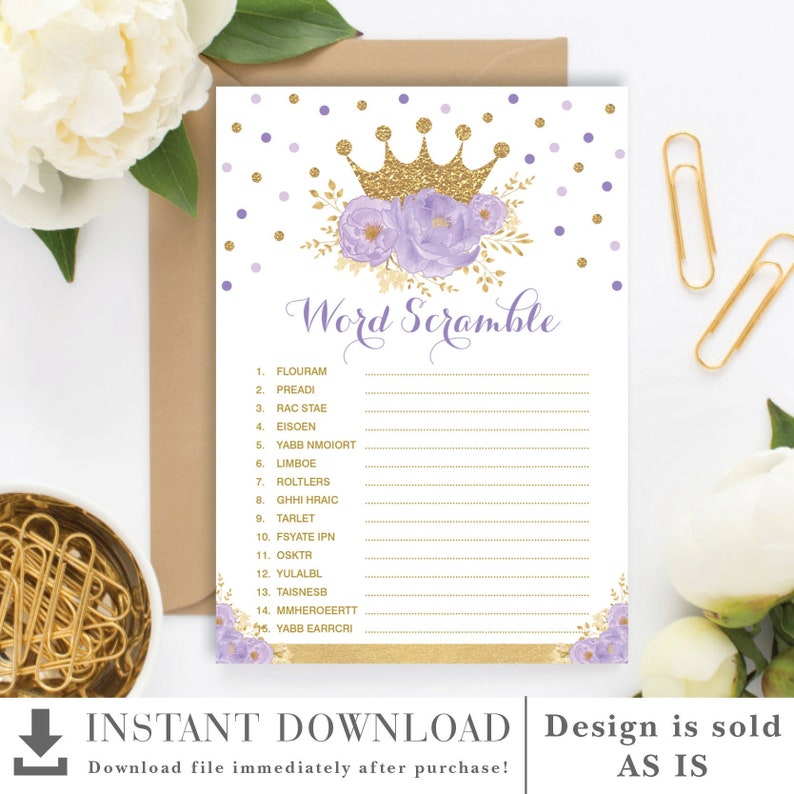 Crown Princess Baby Shower Game. Word Scramble. Purple and Gold Royal ...