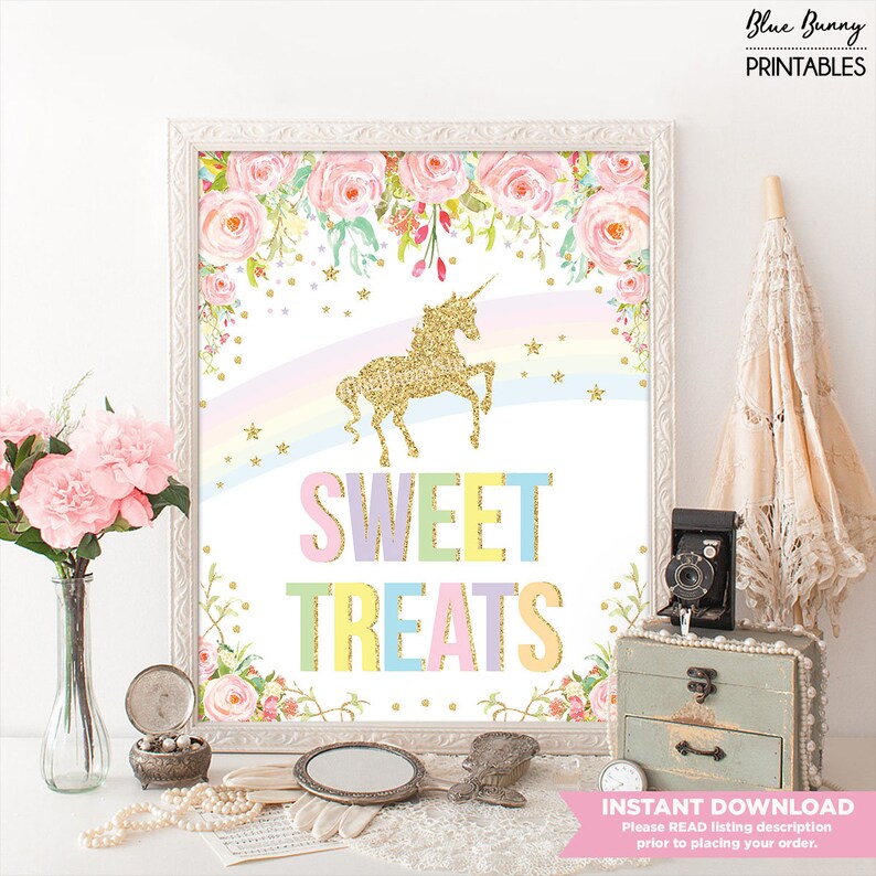 Sweet Treats Sign. Rainbow Unicorn Candy Bar Table Sign. Floral Pink Gold Glitter Baby Shower Birthday Party Decoration. Candy Buffet UNI10C image 1