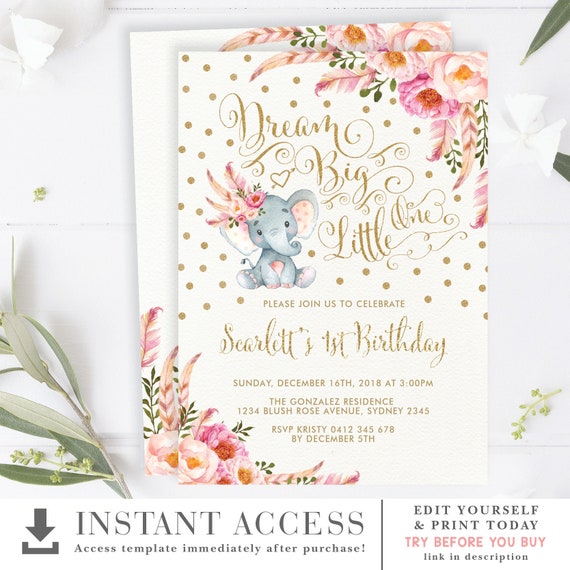 Pink Gold Elephant 1st Birthday Editable Invitation Template