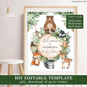 Editable Woodland Baby Shower Welcome Sign, Greenery Forest Animals Printable Decoration, Rustic Botanical Leaves Gender Neutral, WOOD24 image 3