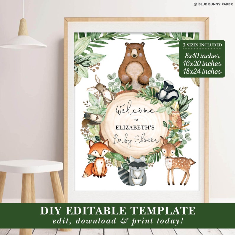 Editable Woodland Baby Shower Welcome Sign, Greenery Forest Animals Printable Decoration, Rustic Botanical Leaves Gender Neutral, WOOD24 image 3