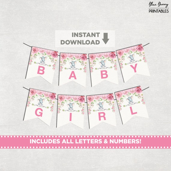 Elephant Baby Shower Printable Banner All Letters Numbers Pink