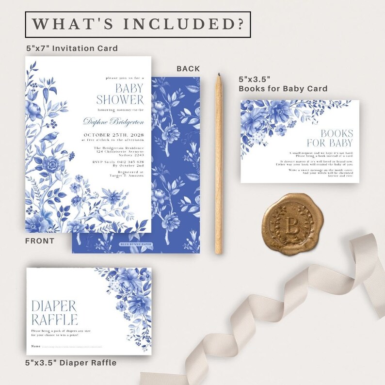 Blue and White Baby Shower Invitation Bundle Blue Floral Etsy