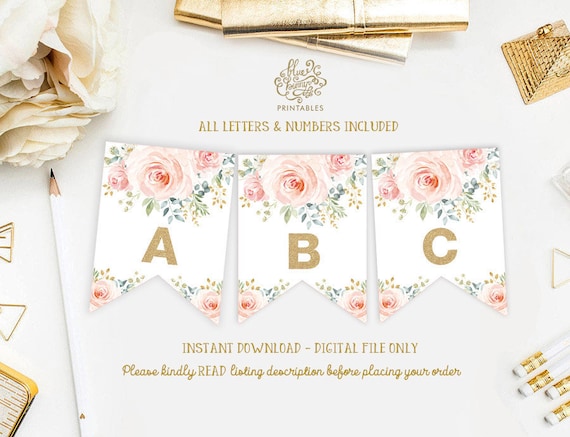 Girly Blush Floral Birthday Printable Banner Pink Gold Watercolor