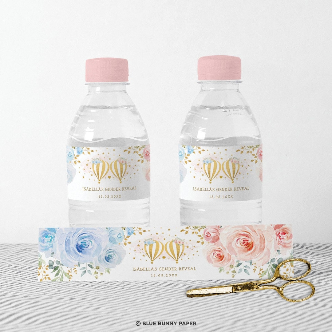 Twin Hot Air Balloon Water Bottle Labels, Gender Reveal Baby Shower
