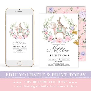 Puede incluir: Una invitaci&oacute;n imprimible para un primer cumplea&ntilde;os. La invitaci&oacute;n presenta una ilustraci&oacute;n de acuarela de un conejito montando un cordero, rodeado de flores rosas y moradas. El texto de la invitaci&oacute;n dice "Matilda's 1st Birthday" e incluye la fecha y la hora de la fiesta.