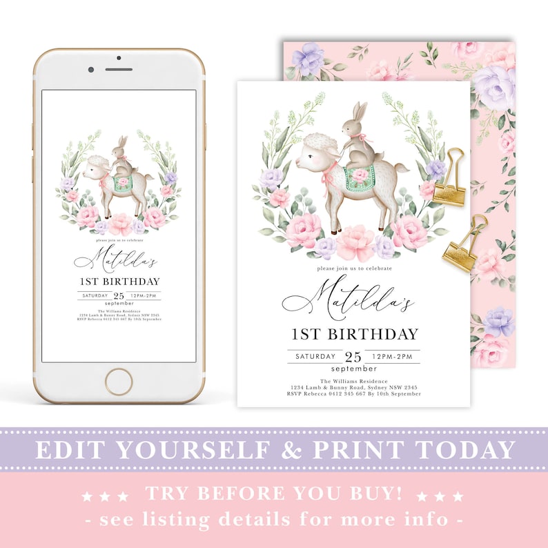 Puede incluir: Una invitaci&oacute;n imprimible para un primer cumplea&ntilde;os. La invitaci&oacute;n presenta una ilustraci&oacute;n de acuarela de un conejito montando un cordero, rodeado de flores rosas y moradas. El texto de la invitaci&oacute;n dice "Matilda's 1st Birthday" e incluye la fecha y la hora de la fiesta.