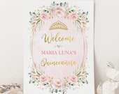 QUINCEAÑERA Welcome Sign Editable Template - Boho Pink Princess Crown Rose Gold Decoration - Sweet 15 Birthday Party Instant Download FLO40 Il_170x135