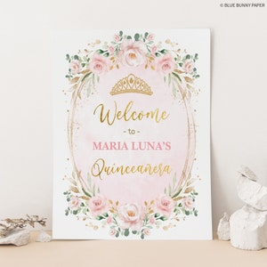 QUINCEAÑERA Welcome Sign Editable Template - Boho Pink Princess Crown Rose Gold Decoration - Sweet 15 Birthday Party Instant Download FLO40