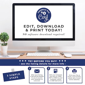May include: A computer screen displaying instructions on how to edit, download, and print a digital template using the website "corjl.com". The screen is on a desk with a potted plant, a keyboard, and a pen.