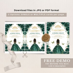May include: A Quincea&ntilde;era invitation with a green and gold floral design. The invitation features a crown, butterflies, and a young woman in a green gown. The text on the invitation reads "Quincea&ntilde;era" and "Aurora Grace".
