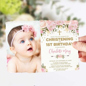 Blush Floral Joint Baptism Birthday Invitation, Pink Gold Christening Invite, EDITABLE TEMPLATE, FLO18A image 1
