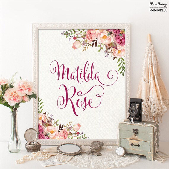 Floral Name Printable Sign. Watercolor Roses Name Poster. Monogram. Initial. Boho Nursery. Bohemian Decor. Baby Girl Gift. Flowers. FLO7 Il_570xn
