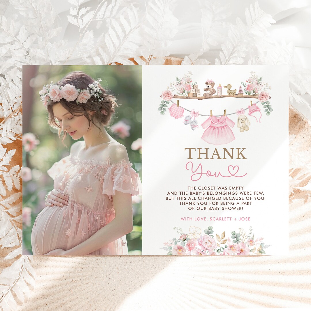 Baby Clothes Girl Baby Shower Thank You Card Sweet Baby Girl Pink ...