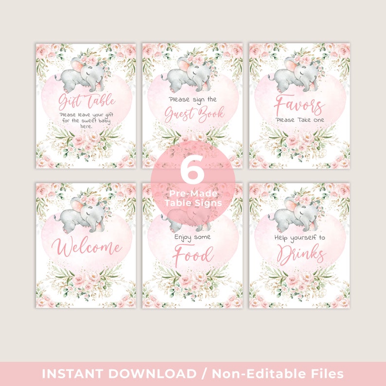 Little Peanut Baby Signs Bundle EL17 Blush Floral Elephant Party Decorations Girl Elephant Baby Shower Table Signs INSTANT DOWNLOAD