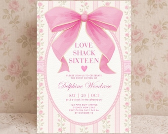 Rosa Schleife Sweet 16 Einladung: Vintage Blumen Geburtstag Digital Download (Bearbeitbare Vorlage) BOW8