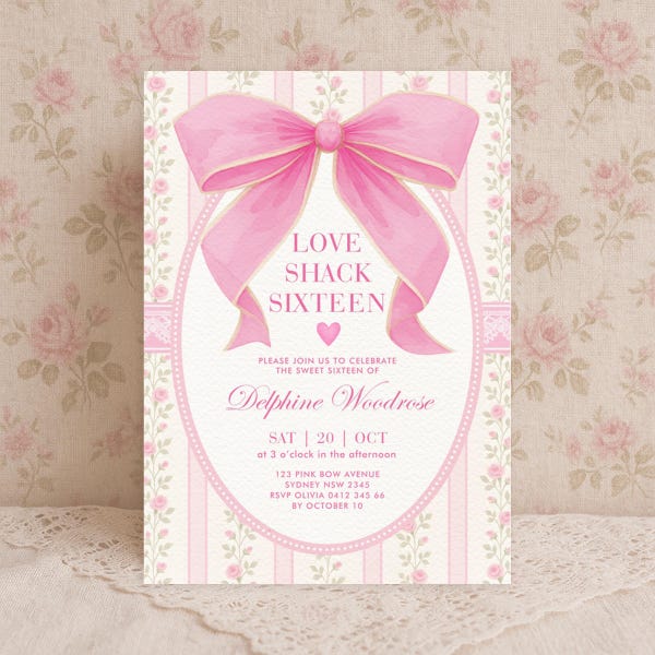 Pink Bow Sweet 16 Invitation: Vintage Floral Coquette Party (Editable Template Download) BOW8
