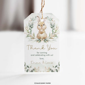 Bunny Rabbit Favor Tag, Greenery Gold Baby Shower Thank You Tags, Bunny Birthday EDITABLE TEMPLATE Instant Download Corjl Printable, BUN1