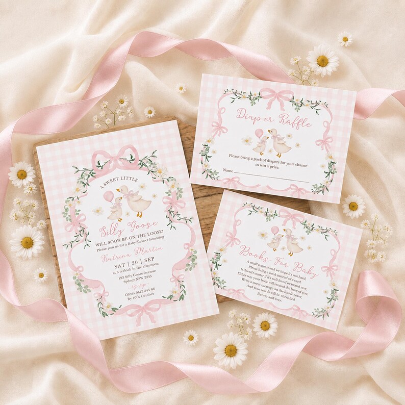 May include: A set of baby shower invitations and cards with a pink and white gingham pattern. The invitations feature floral and bow accents, with text that reads "A Sweet Little Silly Goose". The cards include "Diaper Raffle" and "Books For Baby".