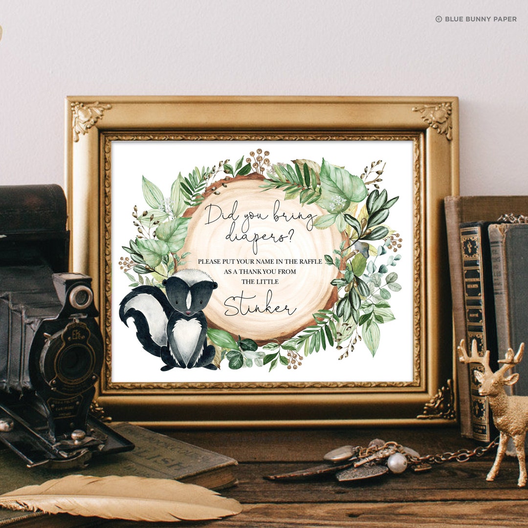 Rustic Raffle Sign Woodland Diaper Raffle Sign. Baby Shower Game. Rustic Greenery Skunk ...