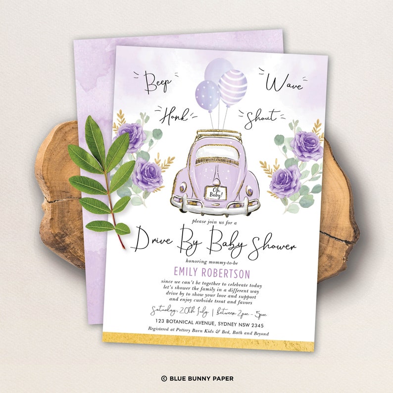editable-drive-thru-baby-shower-invitation-purple-gold-car-etsy