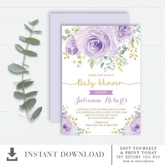 lavender and gold baby shower invitations