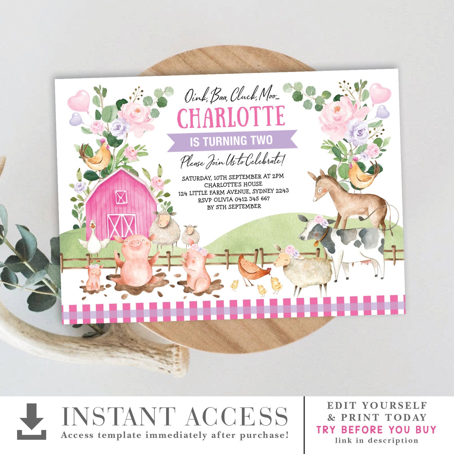 Girl Farm Birthday Invitation. Pink Purple Floral Barnyard Animals ...