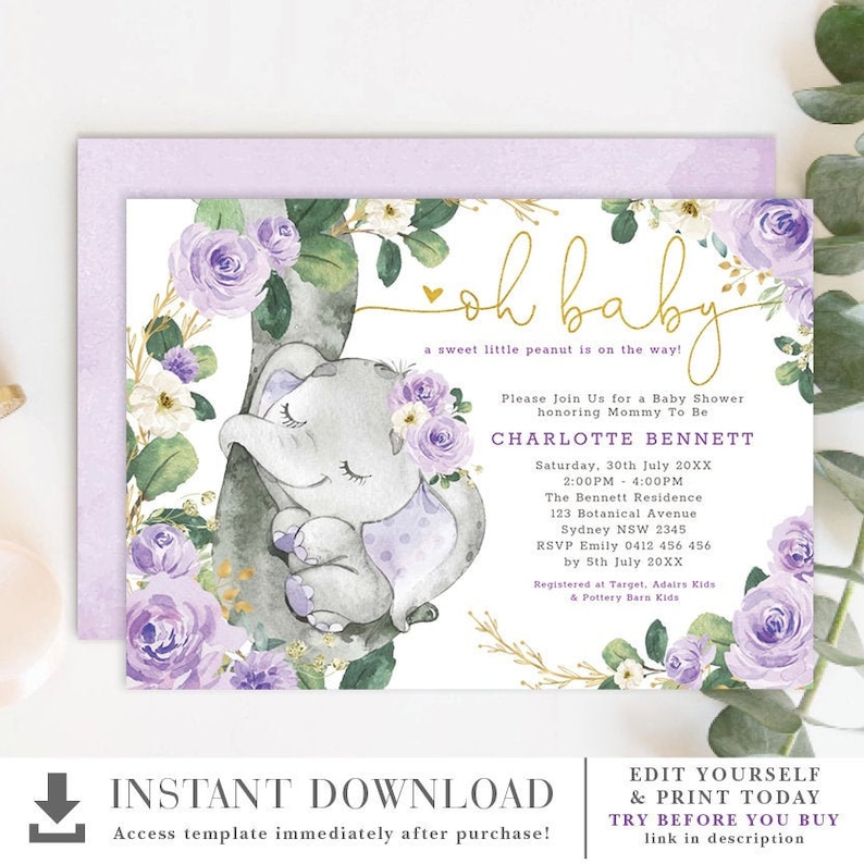 May include: Purple and gold baby shower invitation with a watercolor illustration of a gray elephant holding a smaller elephant. The text reads "oh baby" and "a sweet little peanut is on the way!"  The invitation includes the baby's name, Charlotte Bennett, and the date and time of the shower.