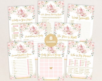 Tea Party Baby Shower Games Bundle, 8x Pink Floral Baby Games Package, Sweet Baby Girl Par-Tea Printable Instant Digital Download, FLO40