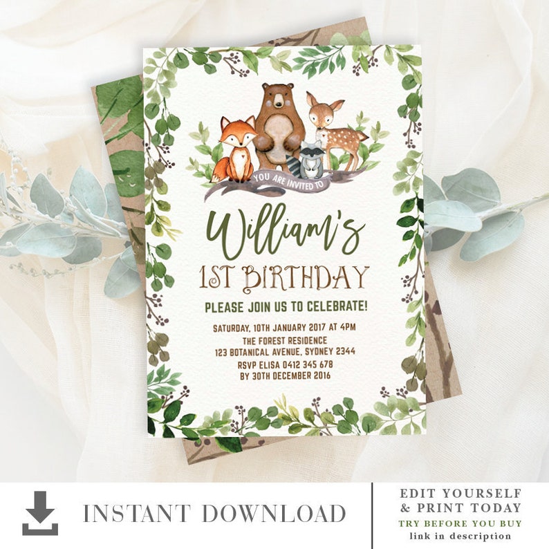 Botanical Woodland 1st Birthday EDITABLE Invitation. Greenery Forest Animals Printable Invite. Deer Fox Bear Raccoon INSTANT DOWNLOAD. BOT5 image 3