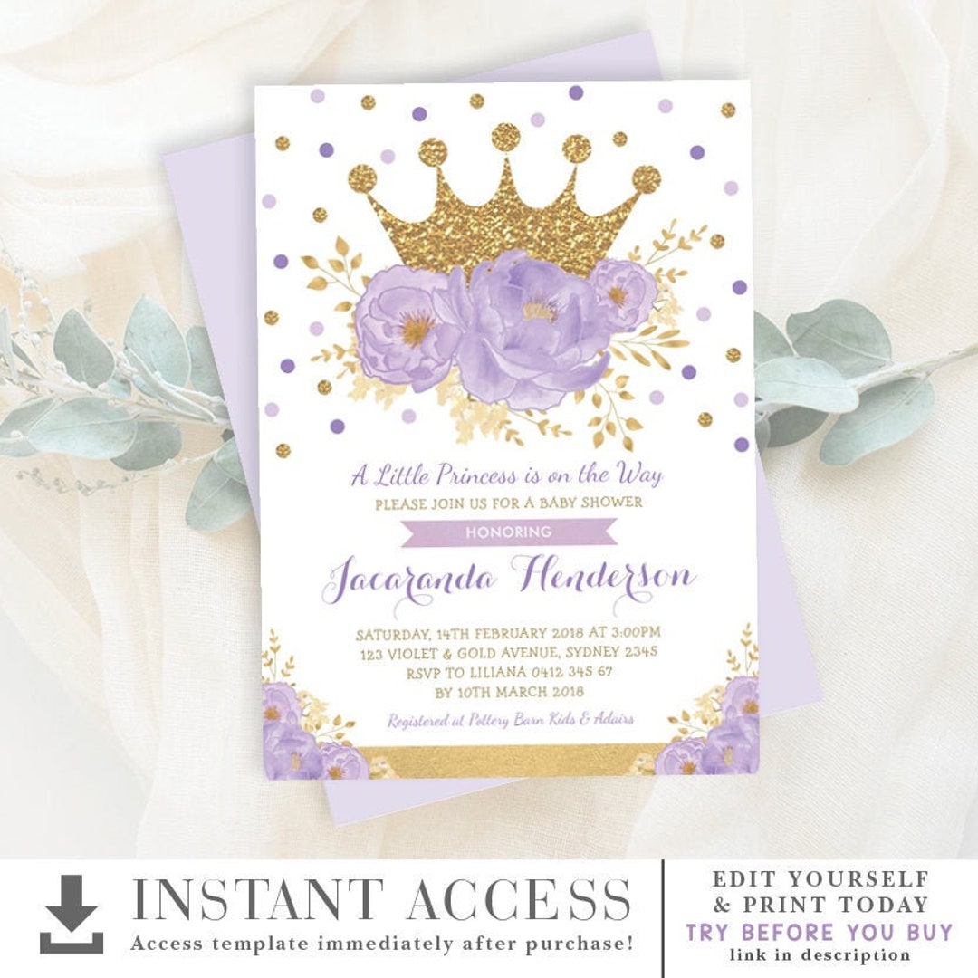 Purple Gold Crown Princess Baby Shower Invitation Template. Lavender ...