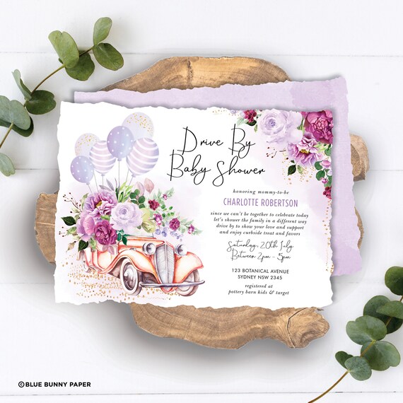 Drive By Baby Shower Invitation Template Purple Floral Drive Thru Baby