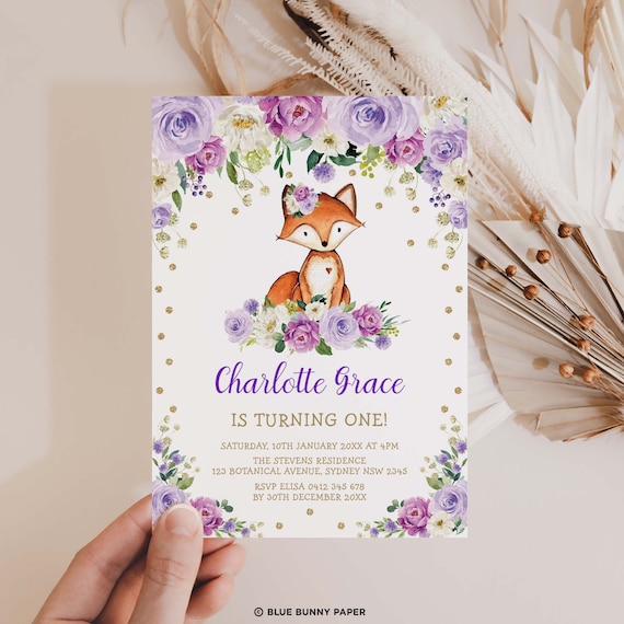 Editable Fox Birthday Invitation, Purple Floral Woodland Fox Party