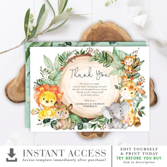 SAF3 Birthday Party Favor Download Wild Animals Baby Shower Printable Tropical Jungle Thank You Card Greenery Safari EDITABLE TEMPLATE