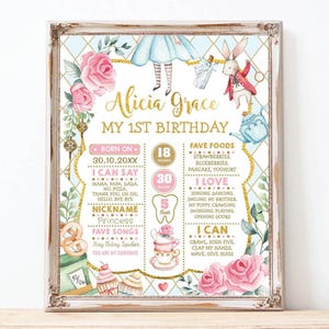 Op de afbeelding: Een ingelijst verjaardagsbord met Alice in Wonderland-thema voor een eenjarige. Het bord toont de naam "Alicia Grace", met illustraties van Alice, het Witte Konijn en bloemmotieven. De baby weegt 8,16 kg en is 76,2 cm lang.