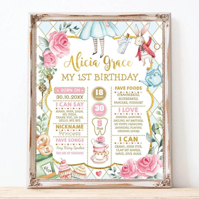 Op de afbeelding: Een ingelijst verjaardagsbord met Alice in Wonderland-thema voor een eenjarige. Het bord toont de naam "Alicia Grace", met illustraties van Alice, het Witte Konijn en bloemmotieven. De baby weegt 8,16 kg en is 76,2 cm lang.