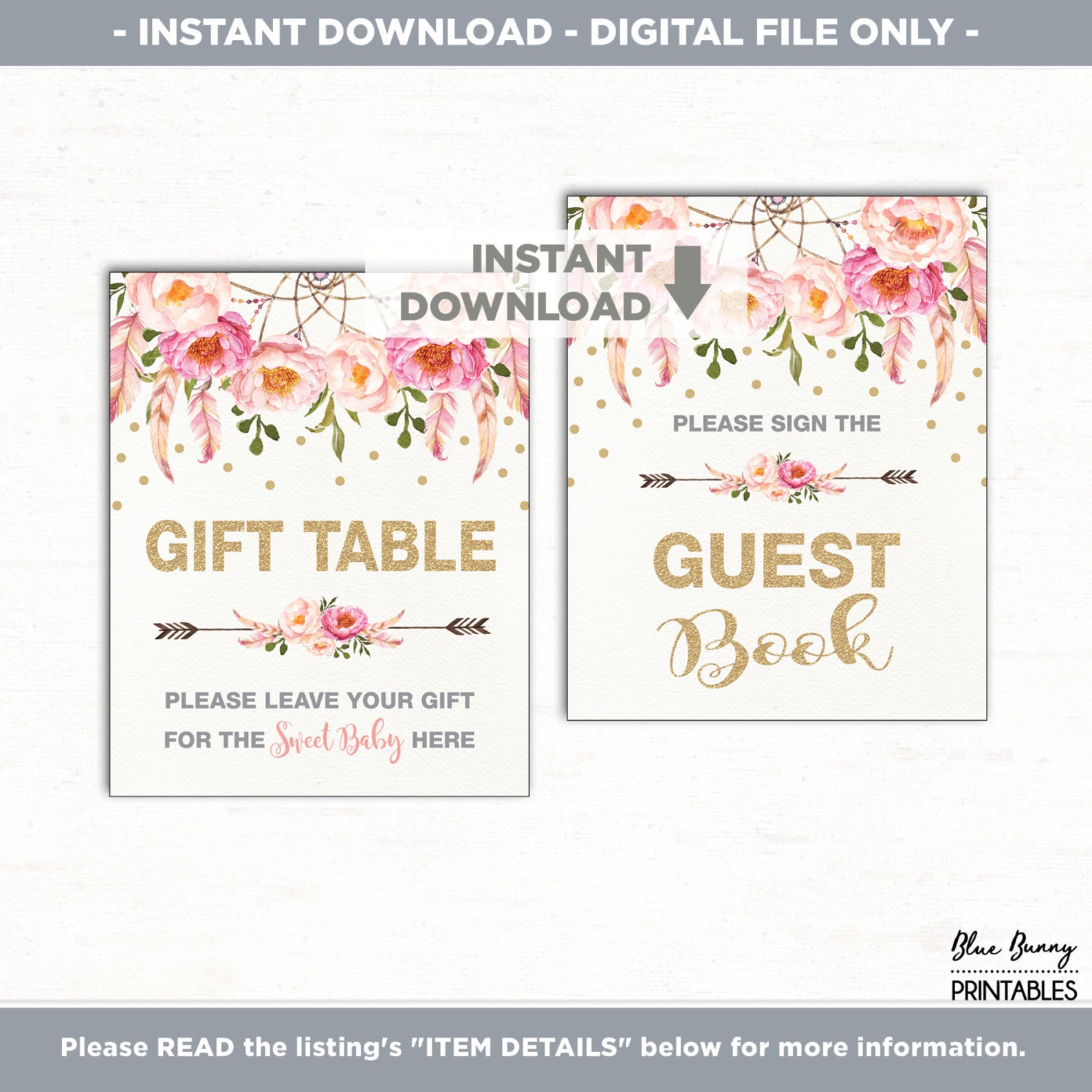 Boho Floral Baby Shower Table Signs. 6 Printable Signs. Gift - Etsy