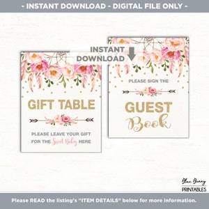Boho Floral Baby Shower Table Signs. 6 Printable Signs. Gift Table ...